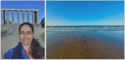Image (Left to Right): Me against the backdrop of the National Monument of Scotland on the Calton Hill; The beautiful blues and browns of the Portobello Beach in Edinburgh.