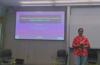 Image: Jyoti Bhogal speaking about her “Research Study on the Research Software Engineering (RSEng) Landscape in Asia” at EPCC, Bayes Center, University of Edinburgh.