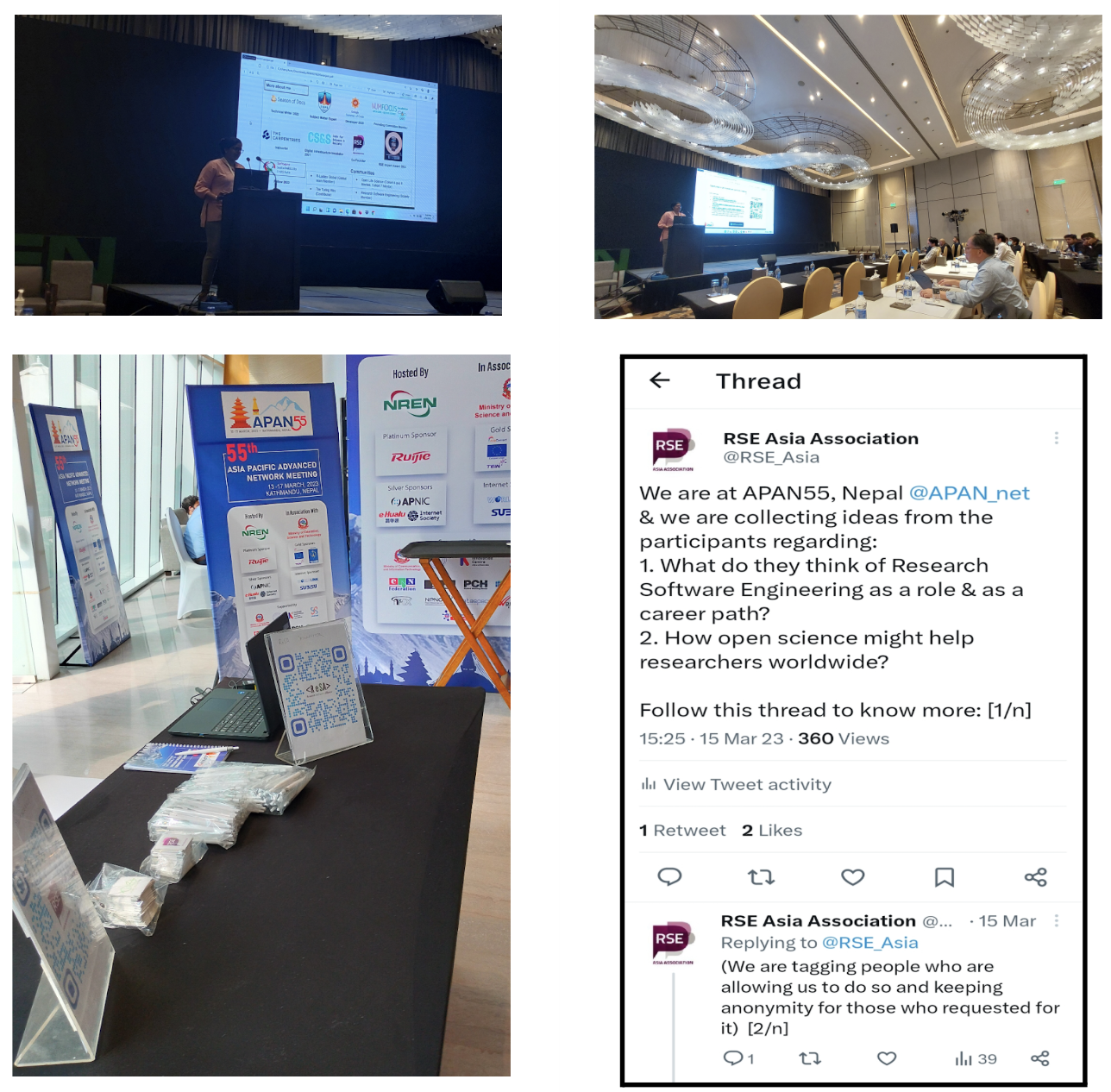 From left to right and top to bottom) Saranjeet's presentation about the RSE Asia Association, RSE Asia Association swags, Twitter thread about the activity. Image credit: Saranjeet Kaur Bhogal